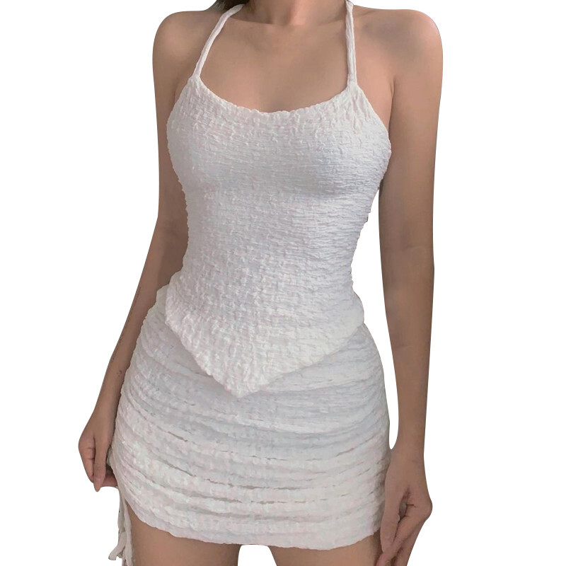 beautifultime Tiktok style Women Two-piece Clothes Set, Solid Color Spaghetti Strap Tanks and Drawstring Skirt, Black/ White
