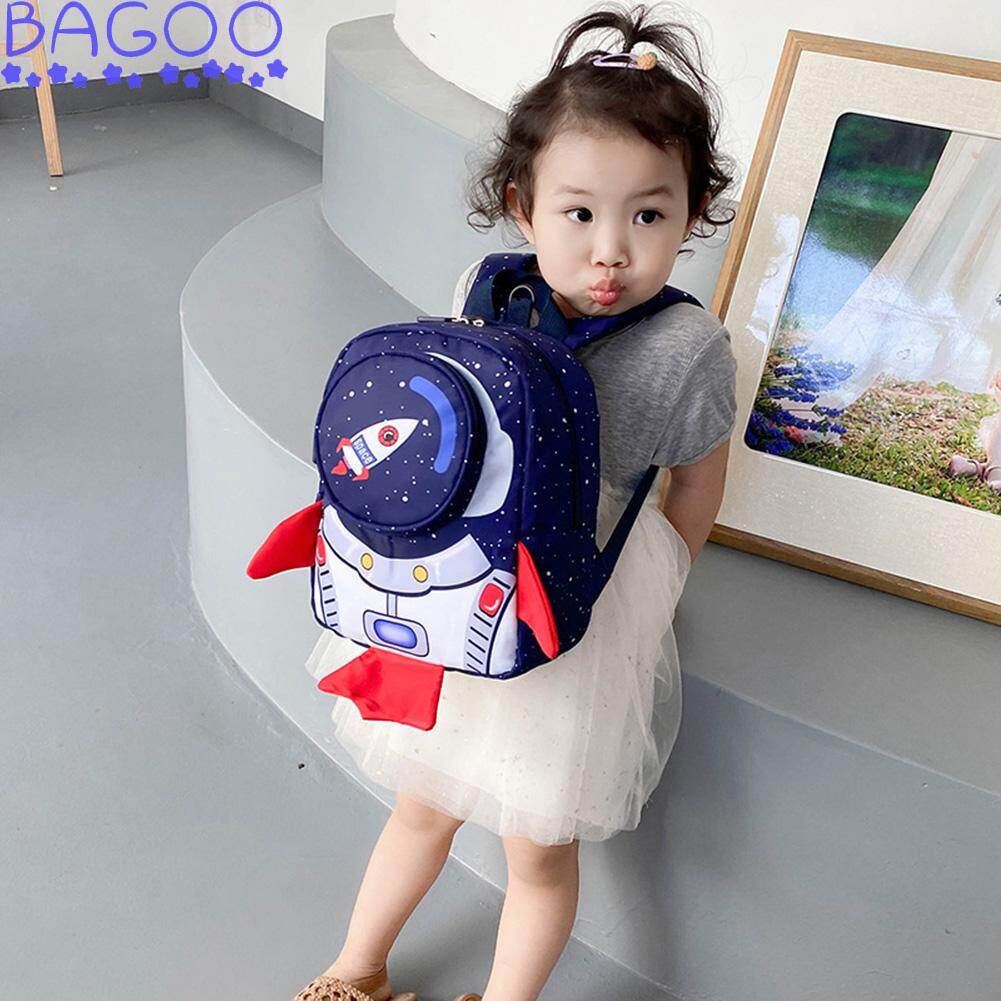BAGOO Children Nylon School Bags Cartoon 3D Rocket shape Backpack for Kindergarten Girls Boy Student Bagpack Rucksack with Anti-loss Traction Rope
