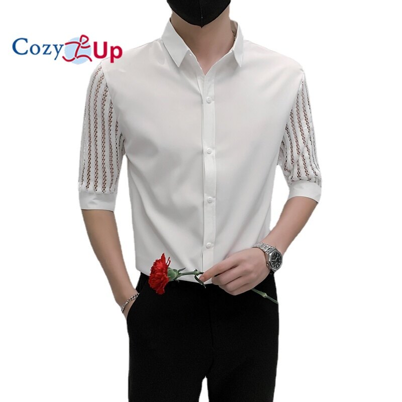 Cozy Up British Style Men Shirt Half Sleeve Solid Color Lapel Slim Fit
