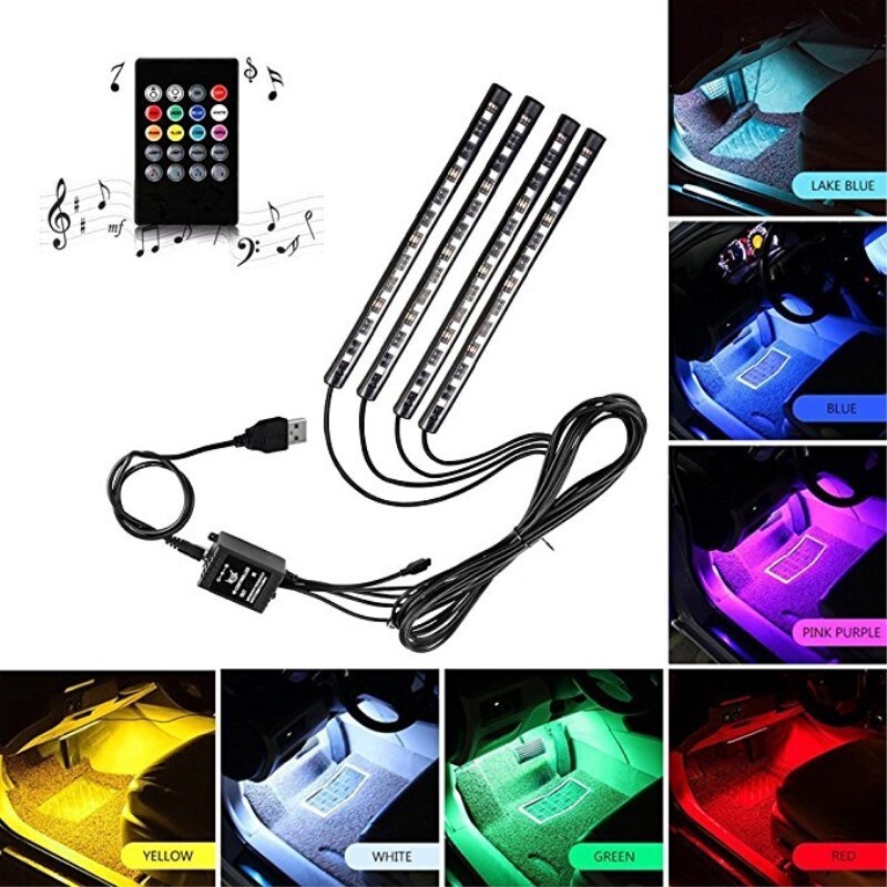 4pcs 7 Colors LED Strip Light Car Interior Atmosphere Lamp Foot Ambient Lights Decoration Strip with Wireless Remote Control