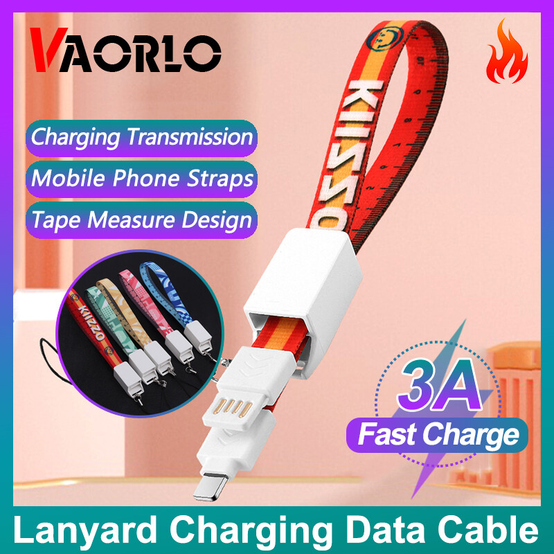 VAORLO 30cm Portable Keychain USB Type-C Lightning Data Charging Cable Compatible with iPhone IOS For Android Key Ring Charging Keychain