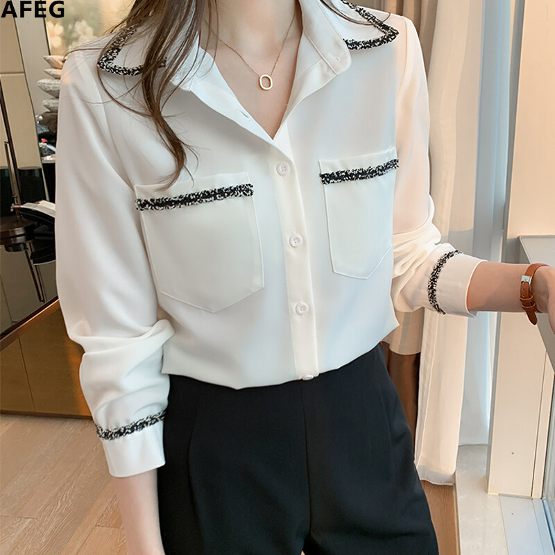 AFEG new style very Korean shirt collar fashion all-match chiffon long sleeve shirt for women
