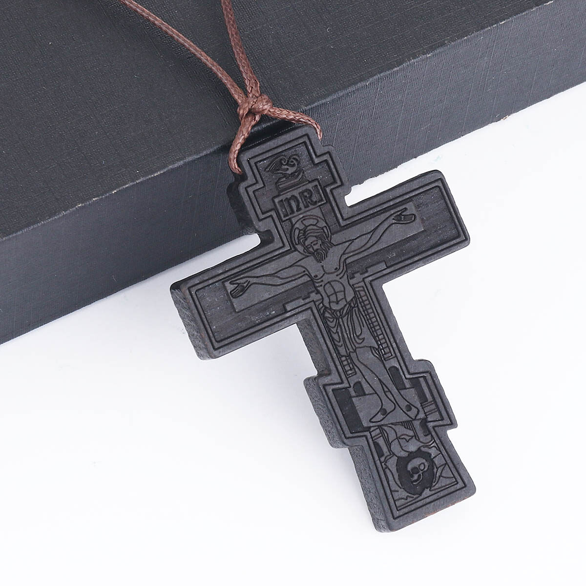 Natural Wood Umbila INRI Cross Jesus Pendant Necklace Leather Rope Chains Necklace Religious Orthodox Prayer Jewelry