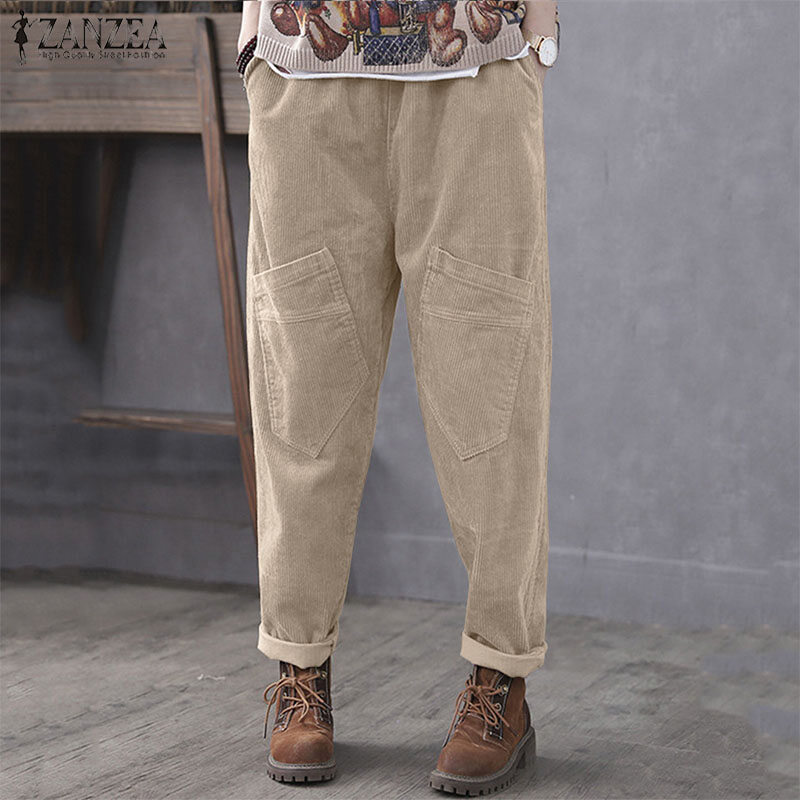ZANZEA Clearance Sale Womens Corduroy Elastic Waist Harem Trousers Wide Leg Cargo Pants