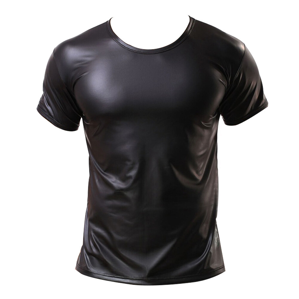 qizhangwei® Men Faux Leather Solid Color Elastic Top Bar Stage Performance Slim T-shirt