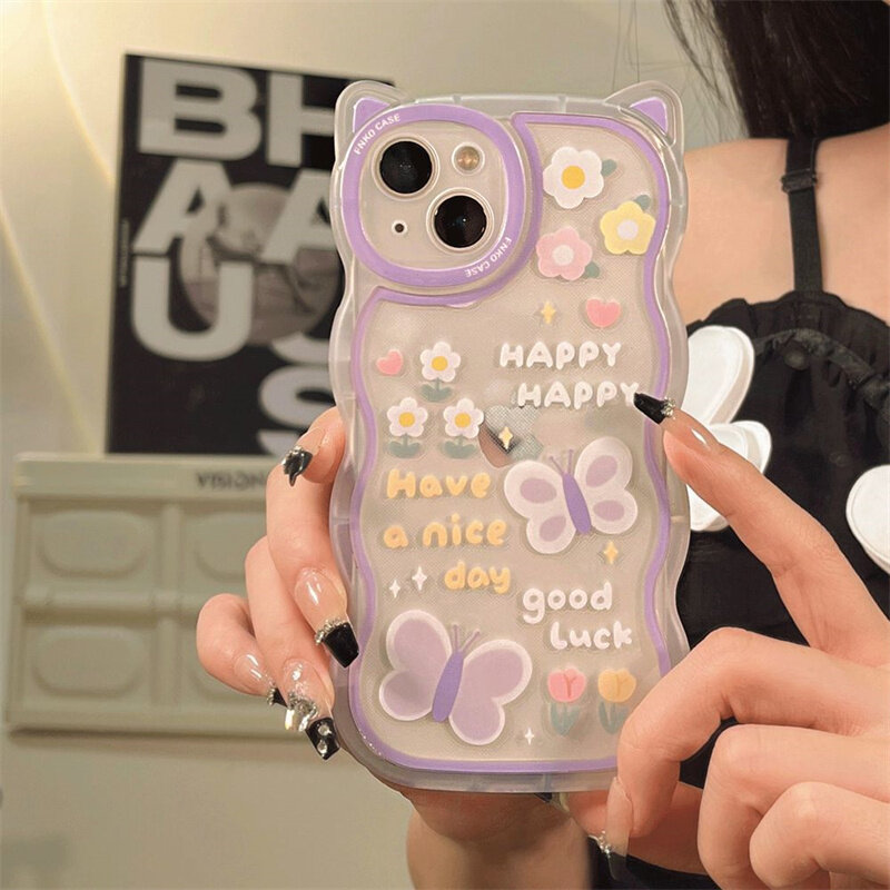 Ốp Cho iPhone 14 13 12 11 Pro Max X XR Xs Max 8 7 6 6S Plus SE 2020 Ốp Điện Thoại Tai Mèo Hình Bánh Và Bướm Ốp Bảo Vệ Mềm Trong Suốt
