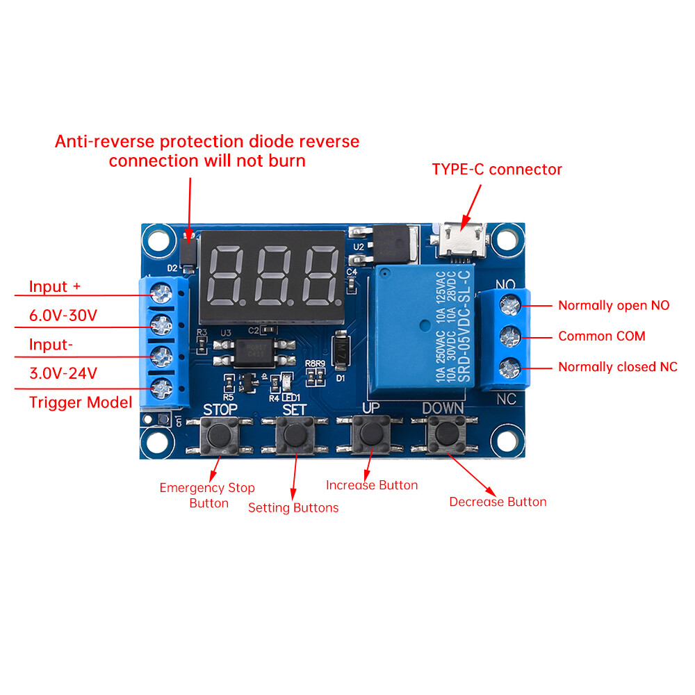 PANTHON Micro USB/Type-C 5V Timer Relay Time Delay Relay DC 6-30V Delay Controller Board Trigger Delay Switching Relay Module with LCD Display