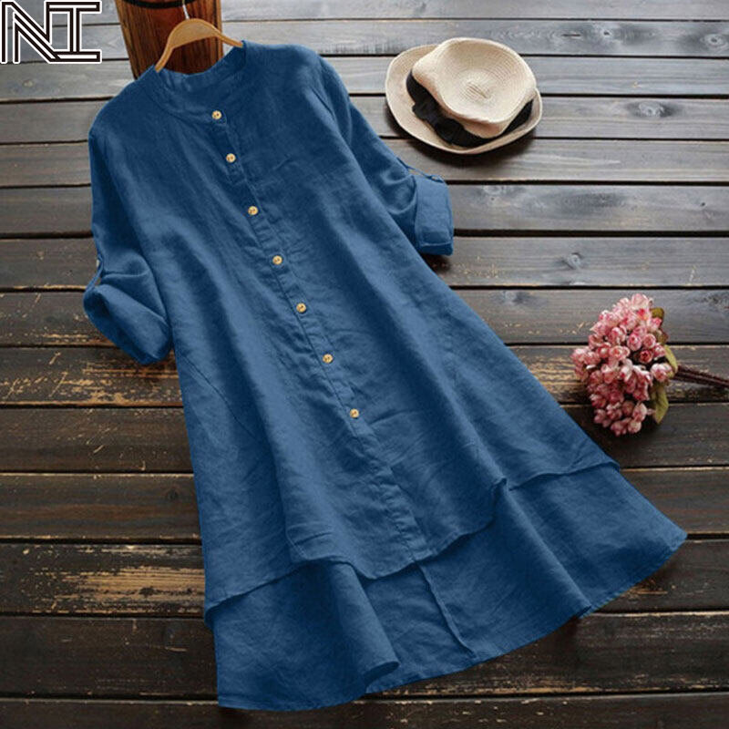 NI Women's Cotton Linen Long Shirt Button Long Sleeve Shirt