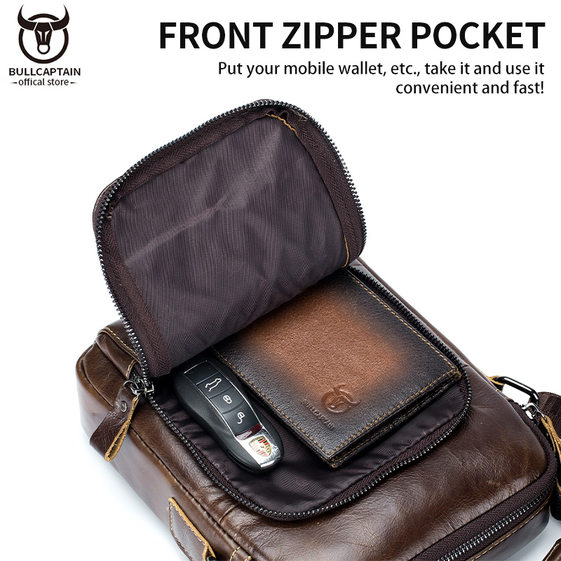 BULLCAPTAIN Leather Shoulder Messenger Bag Men's Classic Retro Multifunctional Double-Layer Storage Hanging Keychain Handbag
