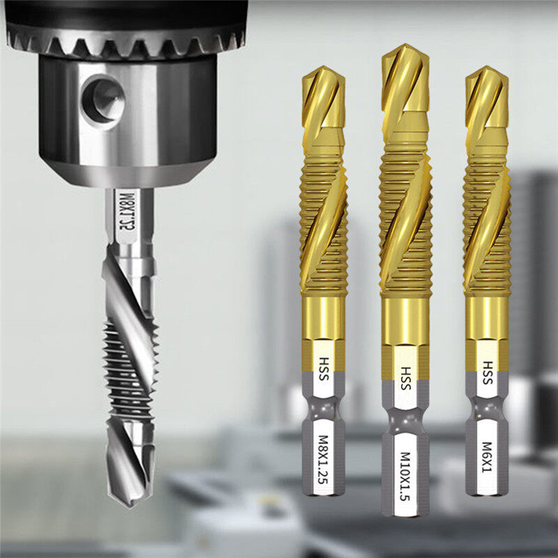 6Pcs M3-M10 Hex Shank Titanium Plated HSS Screw Thread Metric Tap Drill Bits Set Screw Machine Compound Thread Hand Tools with Box