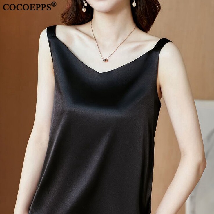 COCOEPPS 2024 Blouse Women New Style V-neck Suspender Vest Women's Ice Silk Satin Outer Wear Sleeveless Base Shirt