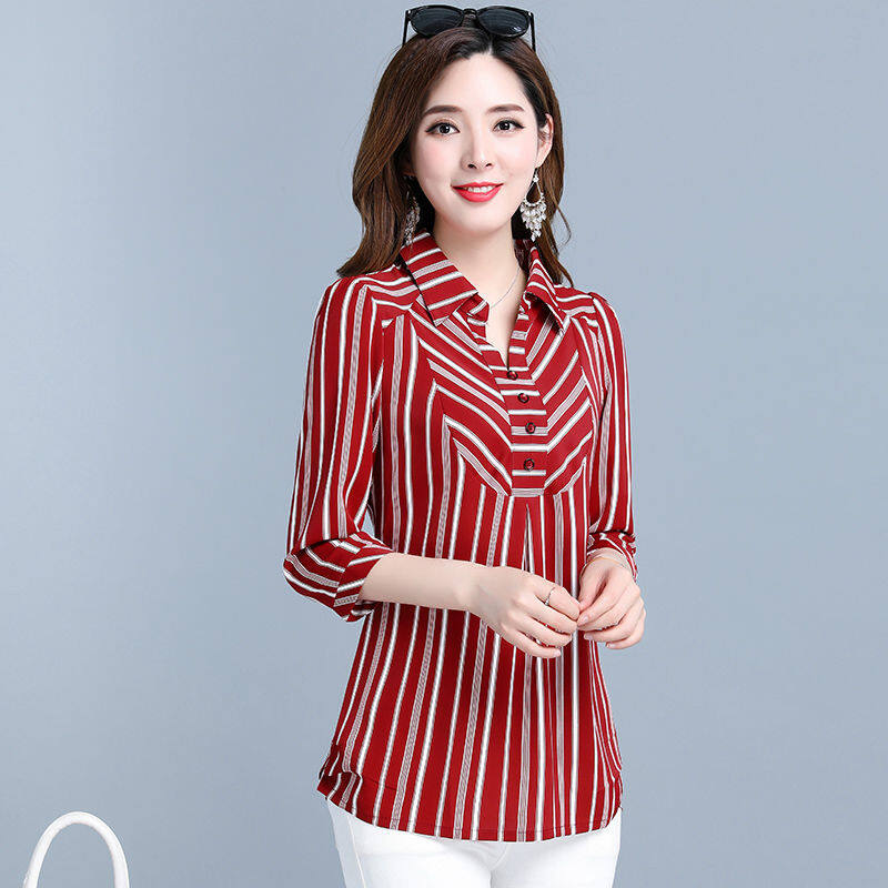 Women's Striped Shirt Chiffon Shirt Oversize Loose Skinny Shirt Summer Western-style Shirt 3/4 Sleeve Shirt