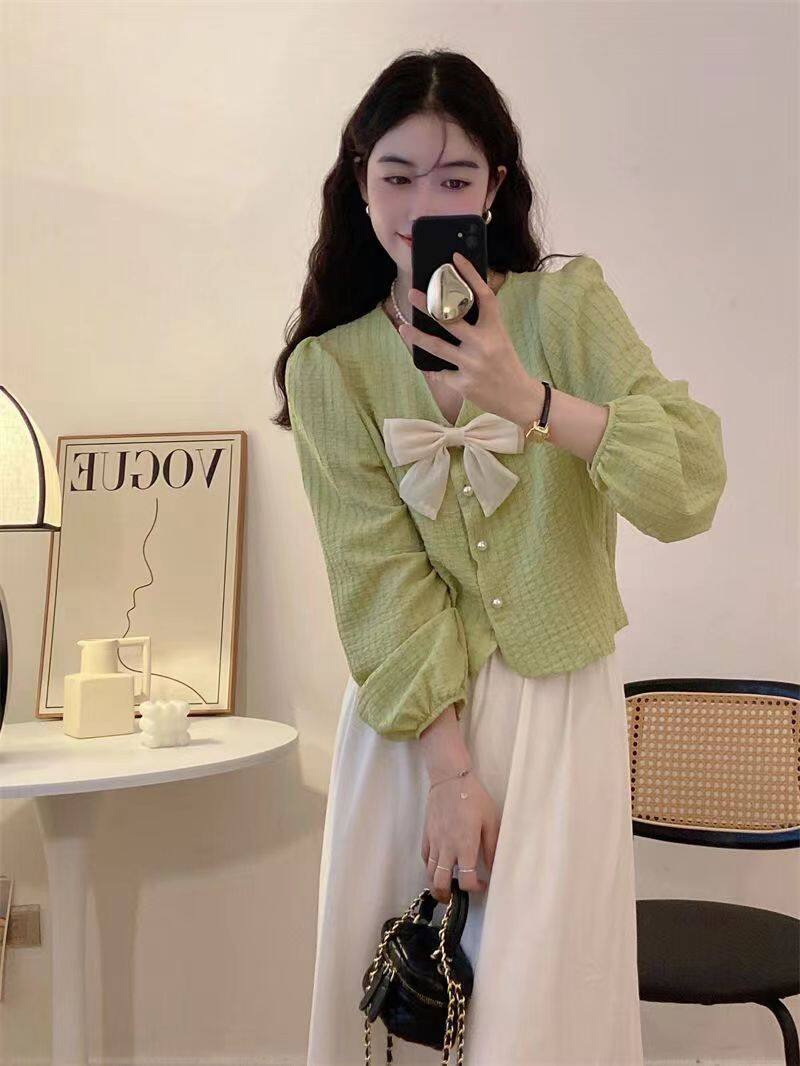 Bow tie shirt, women's long sleeved thin top
