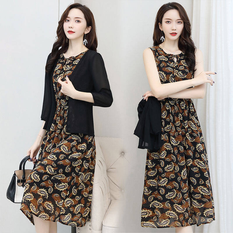 LUCKIN STORE Women Vintage Chiffon Floral Dress 2023 Summer Women's Skirts Korean Suit Skirts 2PCS Set