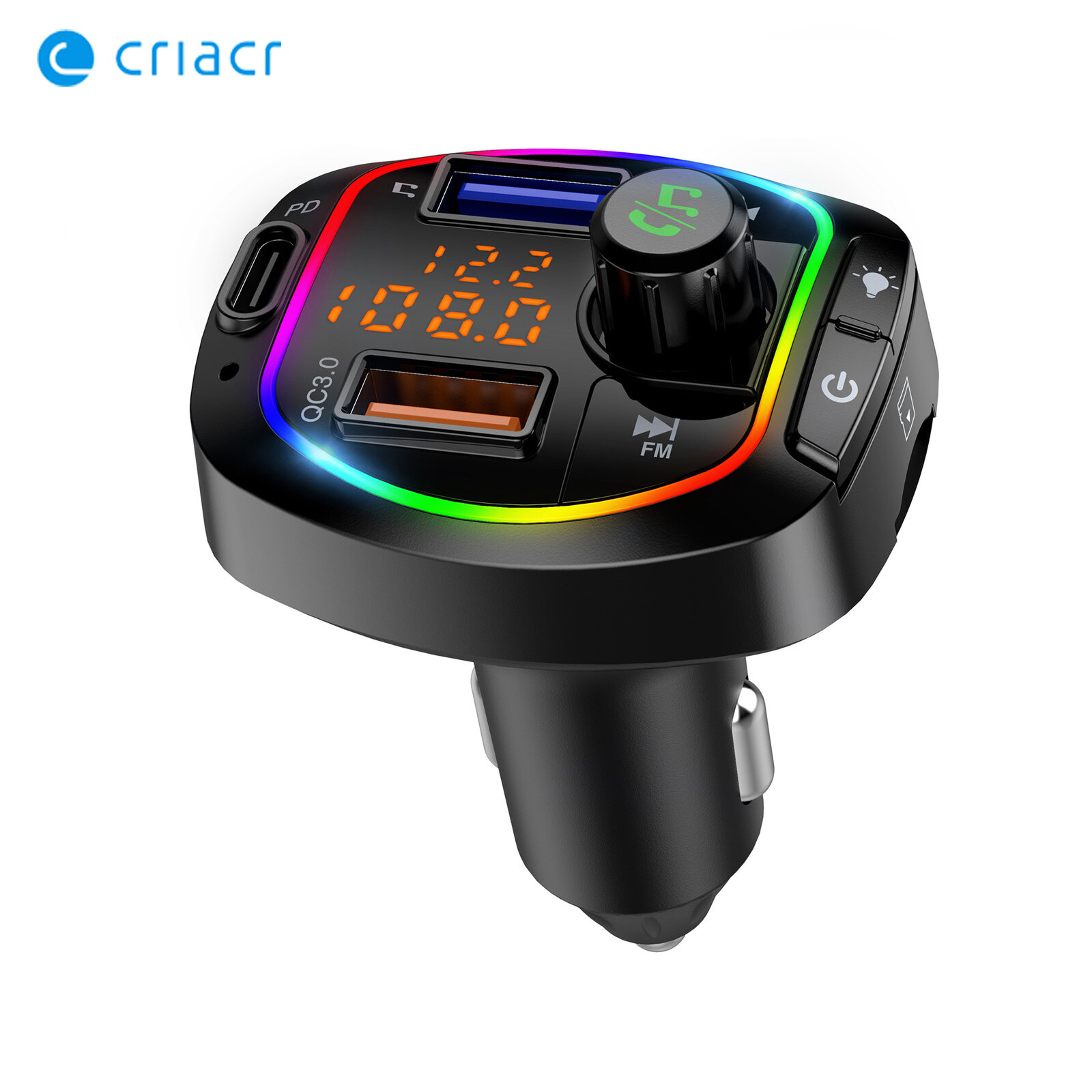 CRIACR Bộ Phát FM Xe Hơi Bộ Chuyển Đổi Bluetooth Đèn Nền LED 7 Màu Cho Xe