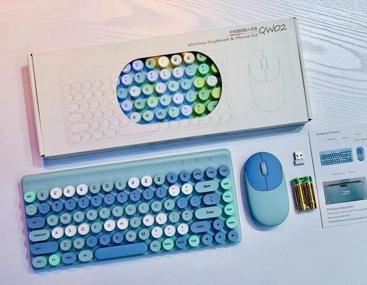 MD Bàn phím không dây và Combo Chuột, Bàn phím không dây kiểu máy đánh chữ hoài cổ với Vòng Keycaps, 2.4GHz kích thước đầy đủ USB dễ thương bàn phím không dây chuột cho máy tính, máy tính để bàn, máy tính xách tay và máy tính