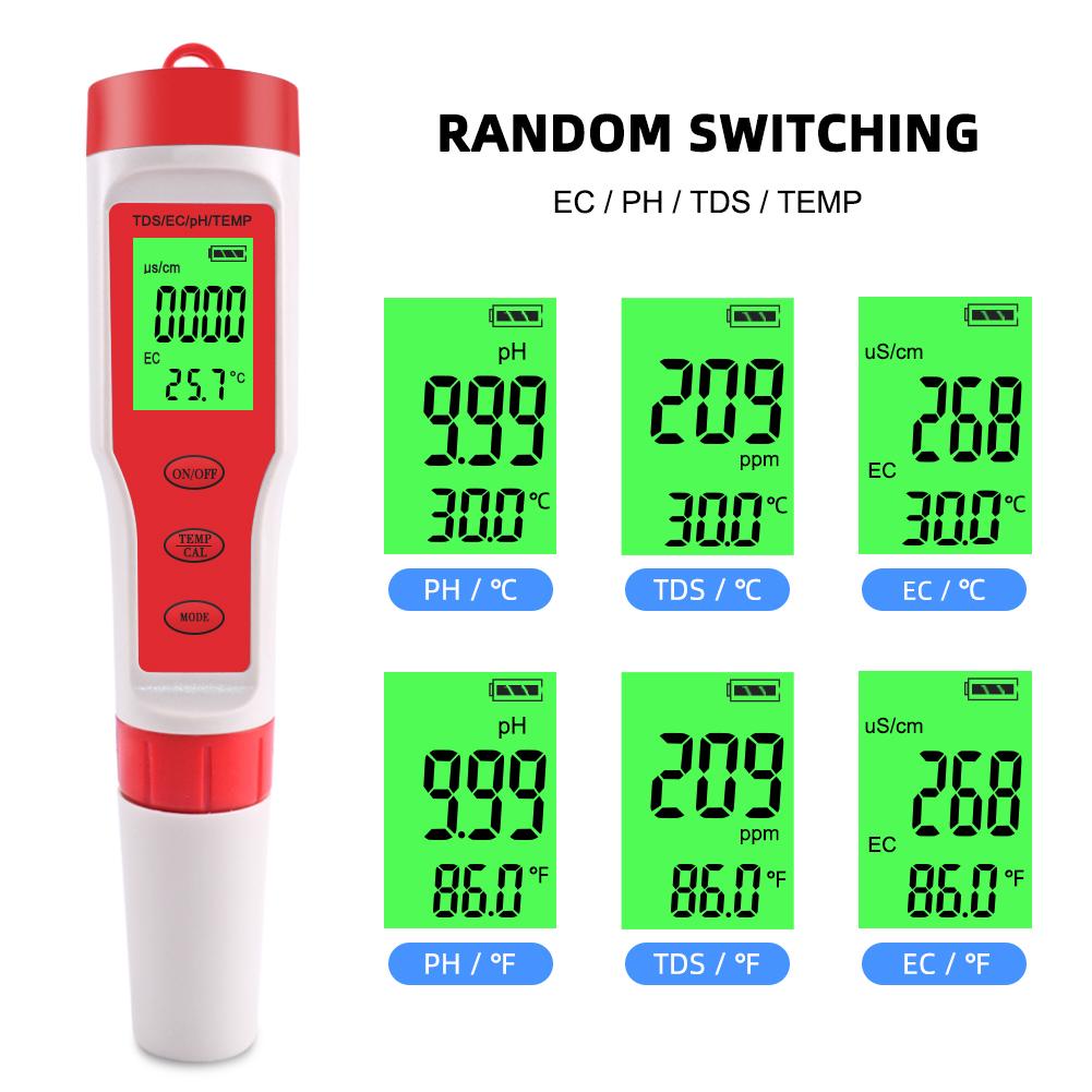 RCYAGO Máy kiểm tra chất lượng nước 4 trong 1 TDS/EC/pH/nhiệt độ-đồng hồ đo kỹ thuật số cho nuôi trồng thủy sản, bể bơi, nước uống