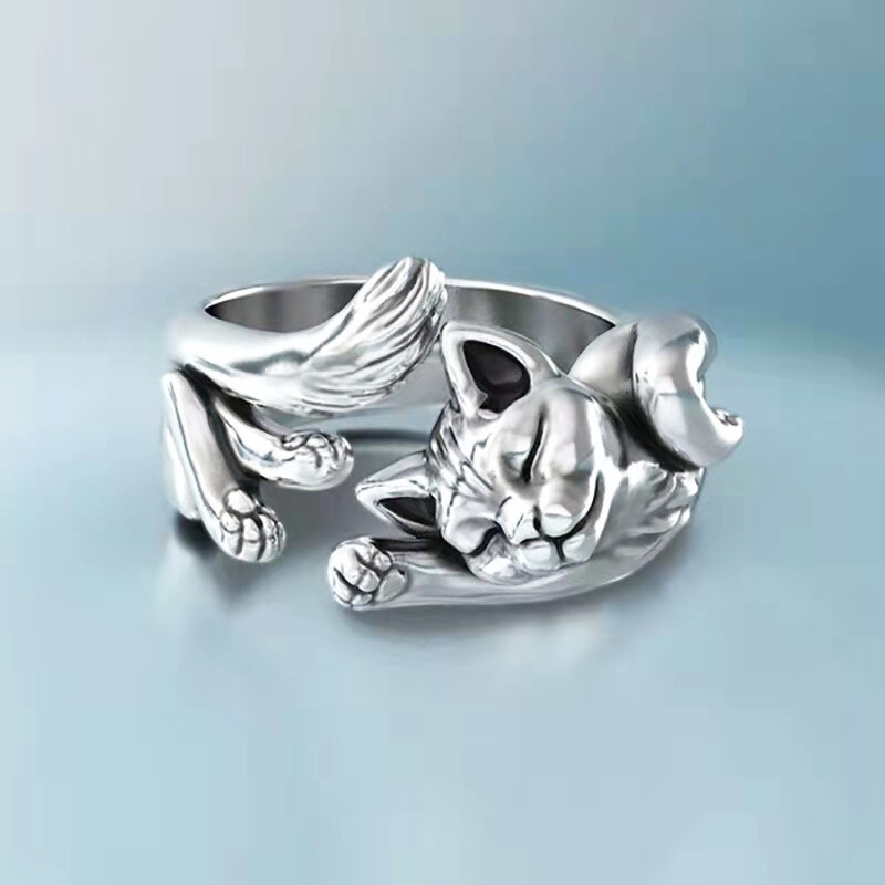 New Vintage Cute Cat Rings Women Jewelry Birthday Gift Trendy Open Size 925 Sterling Silver Ring Girl Party Accessories