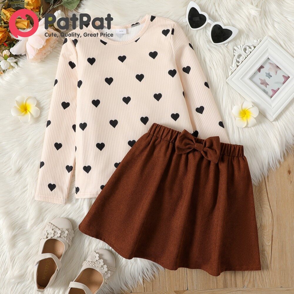 PatPat 2pcs Kid Girl Heart Print Long-sleeve Tee and 3D Bowknot Design Skirt Set