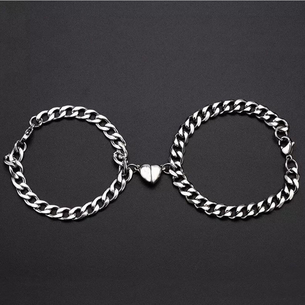 BC 2Pcs/pair Fashion Stainless Steel Couple Bracelets Magnetism Heart Charm Creative Chain Bracelets Jewelry Gift For Women Men