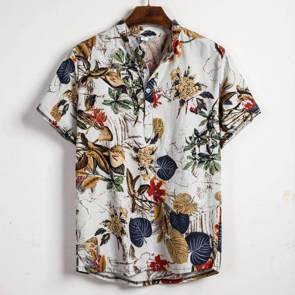 Rainny Men's Ethnic Short Sleeve Casual Cotton Linen Printing Hawaiian Shirt for men Blouse