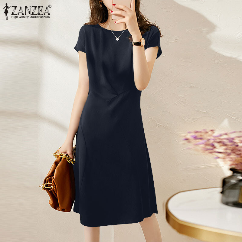 MOMONACO ZANZEA Muslimah Women Muslim Elegant A-Line Kaftan Short Sleeve O-Neck Solid Loose Long Maxi Dress MCO