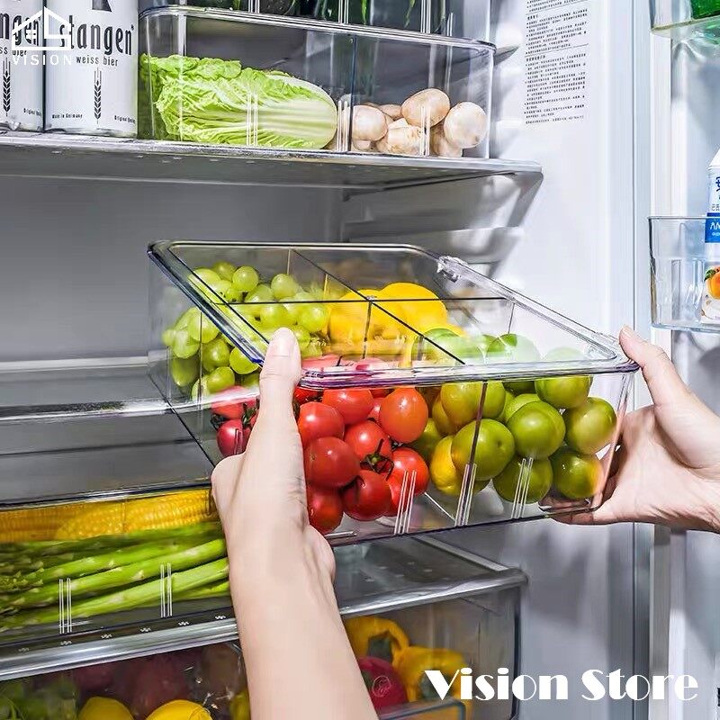 Vision Hộp Lưu Trữ Rau Quả Trong Suốt Crisper Tủ Lạnh Gia Đình Hộp Giữ Tươi Có Nắp Đậy Bằng Nhựa PET Hộp Đựng Phân Chia Chống Côn Trùng Và Chống Bụi