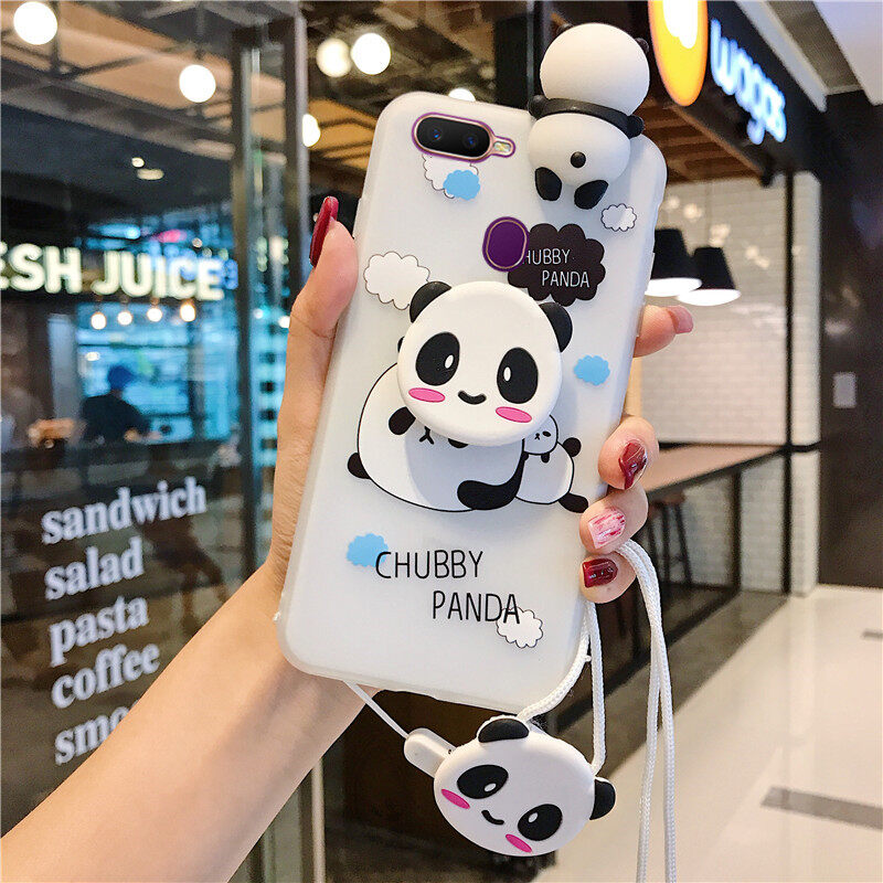 Cute Cartoon Panda Phone Case For Realme C12 C15 OPPO A5s A7 A12 Case TPU Soft Silicon Back Cover with Holder Stand Lanyard