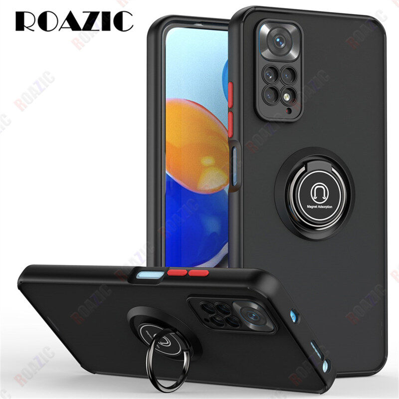 ROAZIC For Xiaomi Redmi Note 11 Note 11S Global Version Phone Case Matte Translucent Magnetic Car Holder Casing Ring Stand Soft TPU Edge Shockproof Back Cover