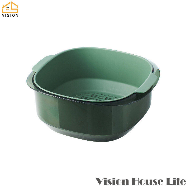 Vision Double Layer Vegetable Washing Basin Drain Basket Multi-Functional Detachable Drainage Basket Bowl Household Plastic Fruit Basket Kitchen Storage Strainer Leakage Filter Basket