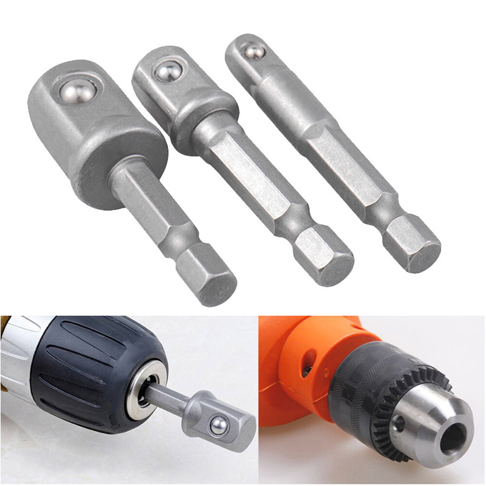 3PC 1/4" 3/8" 1/2" Hex Power Drill Bit Driver Socket Bits Set Adapter Wrench Sleeve Extension Bar for Electric Screwdriver Bits