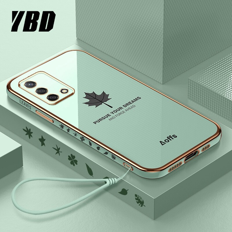 YBD Straight Edge Plating Phone case For OPPO A74 F19 casing, Precise Camera Protection case Maple leaf pattern cover with Free lanyard