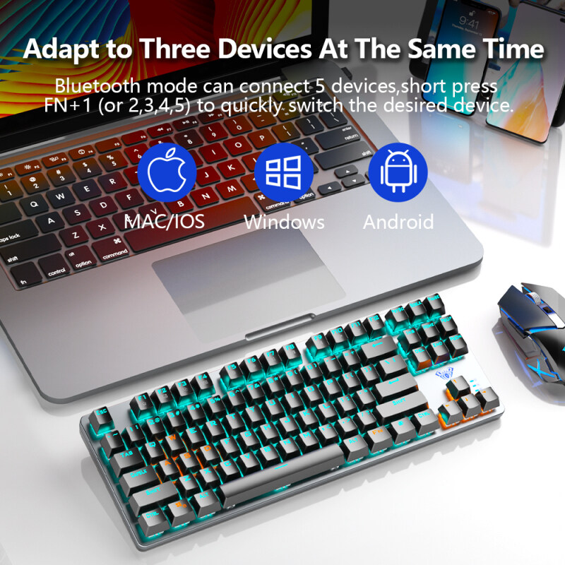 AULA F3287 Bluetooth + wired dual-mode keyboard 87-key gaming keyboard real mechanical switch LED cool backlight keyboard computer gamers Singapore