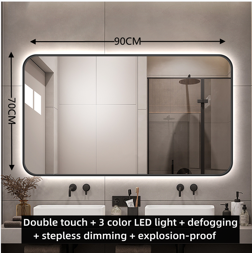 Rectangular Frame Smart Defog Bathroom Mirror LED Light Illuminated