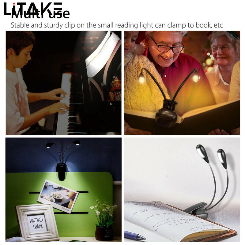 LITAKE Clip-on Led Light 2pcs Arms Multipurpose Adjustable Dimmable Rechargeable Super Bright Reading Lamp