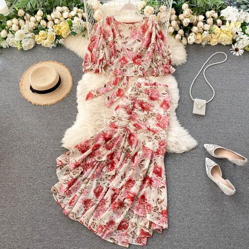 Bohemian Pink/Blue Floral Print Chiffon 2pcs Set Women Boho Chic Bandage Short Tops + High Waist Mermaid Skirt Female Sets 2020