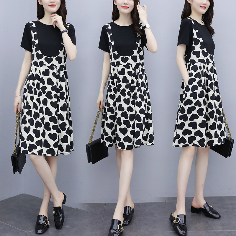 Summer Dress Short Sleeve Black N White Heart Print Color Block Loose Pregnancy Clothes Maternity T-shirt dress