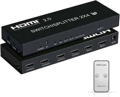avedio links 4K 60Hz HDMI Switch Splitter 2 in 4 Out with Remote, avedio links 2x4 HDMI Splitter Switcher 4K with SPDIF & 3.5mm Audio,Support 4K,3D,1080p,HDCP2.2,HDR 10 for PS4,Xbox,Fire Stick,etc