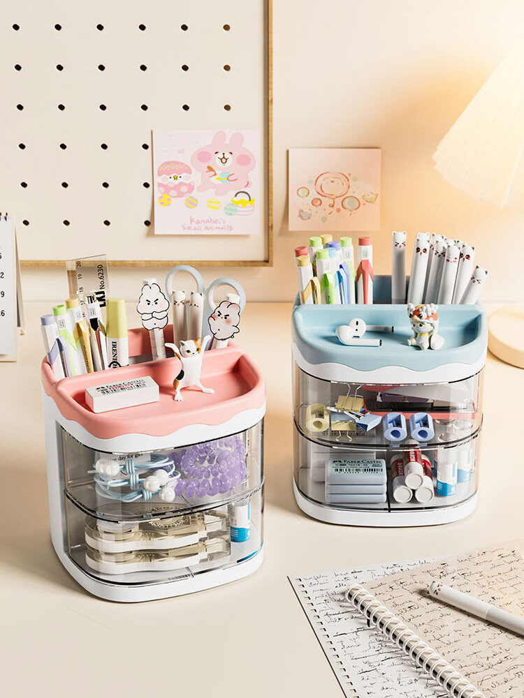 Creative Cartoon Multi grid Drawer Penholder Student Cornetto Function Box with Grid Storage Box Girl Heart Desktop Stationery Box