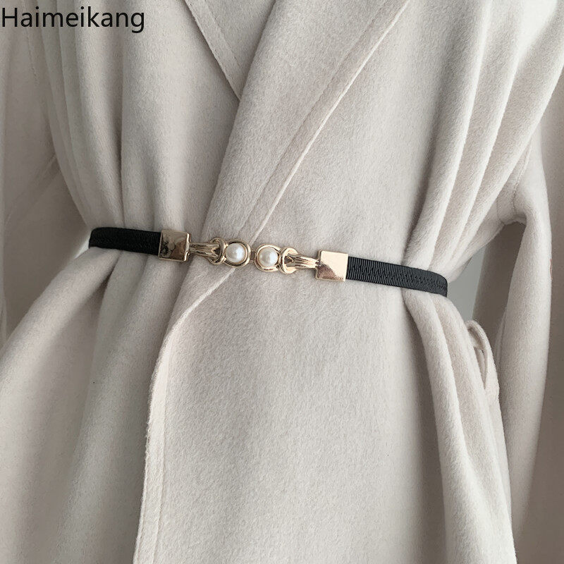 Korea Fashion Ladies Belt Fine Elastic Small Pearls Belt Decoration Dress Shirt Pair Buckle Belt for Women