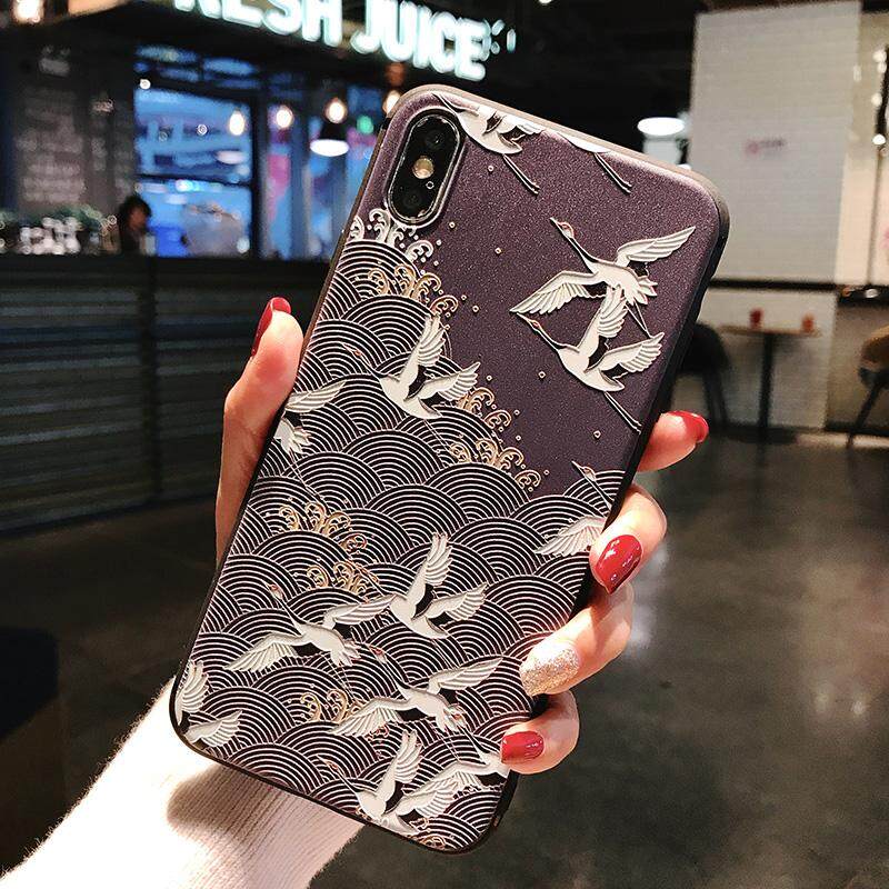 Ueknt Casing untuk VIVO Y95 Case TPU Langsing Lembut Matte 3D Relief Perlindungan Menyeluruh Burung Crane Bunga Pavilion Plum Blossom