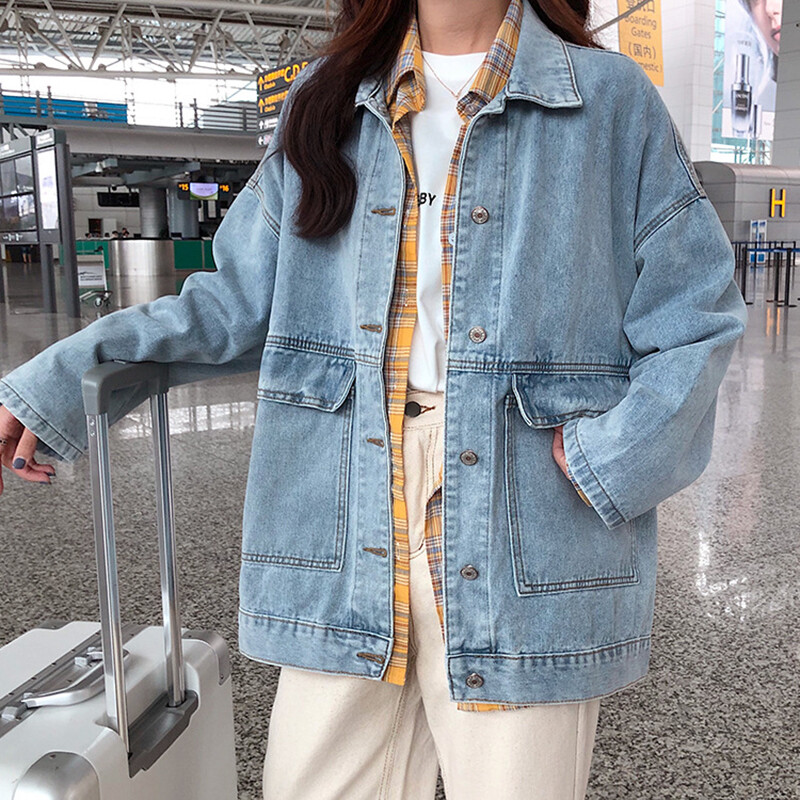IELGY Áo Khoác Denim Một Hàng Khuy Dáng Rộng Ngoại Cỡ Phiên Bản Hàn Quốc Cho Nữ