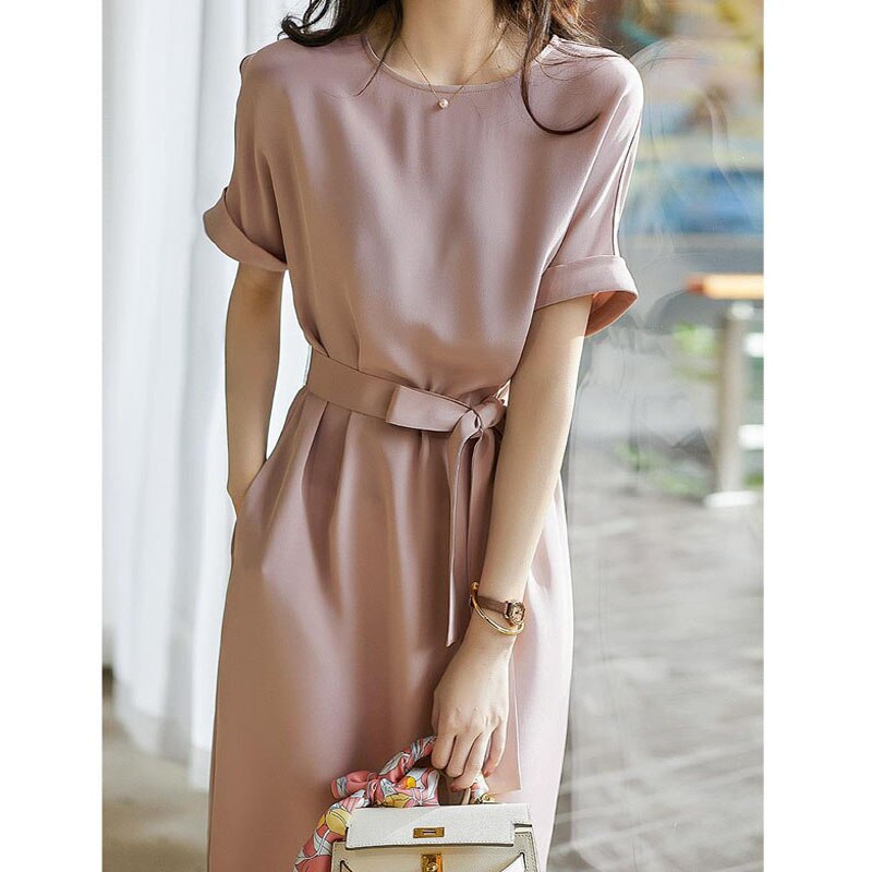 Dress for Women Solid Color Pockets Elegant Lady Lace Up Midi Dresses Casual New Summer Oversize Female Clothing