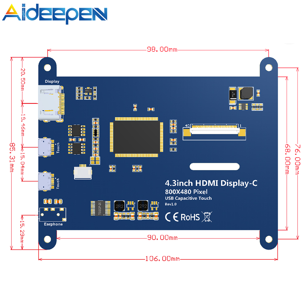Aideepen Màn Hình 4.3 Inch Cho Raspberry Pi HDMI Với Màn Hình Cảm Ứng Điện Dung Độ Phân Giải 800*480 Hỗ Trợ Windows10/8/7 Cảm Ứng 5 Điểm Hỗ Trợ Cho Raspberry Pi 3B +/4B Điều Khiển Cảm Ứng Một Điểm Cảm Ứng USB