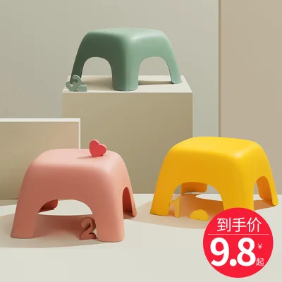 Household small wooden bench with thick plastic baby shoes or stool toilet on a footstool cute cartoon children bathing short stool