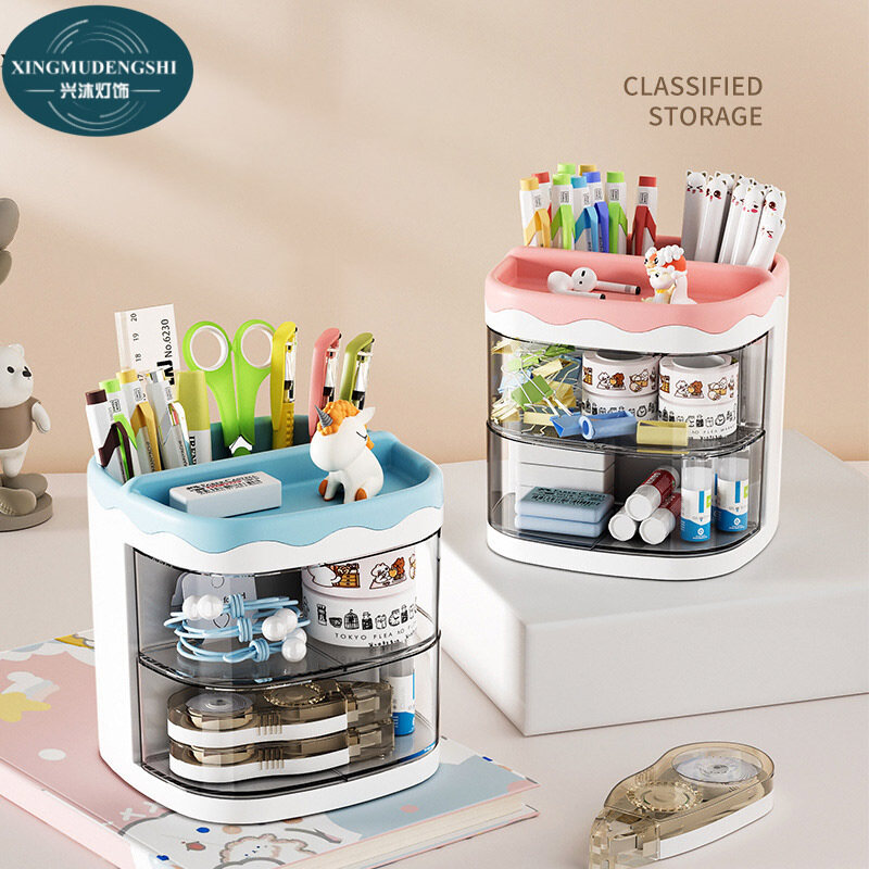 XMDS Creative Cartoon Multi grid Drawer Penholder Student Cornetto Function Box with Grid Storage Box Girl Heart Desktop Stationery Box