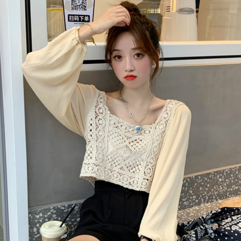 MSBEST Hollow lace stitching chiffon long-sleeved shirt women short top
