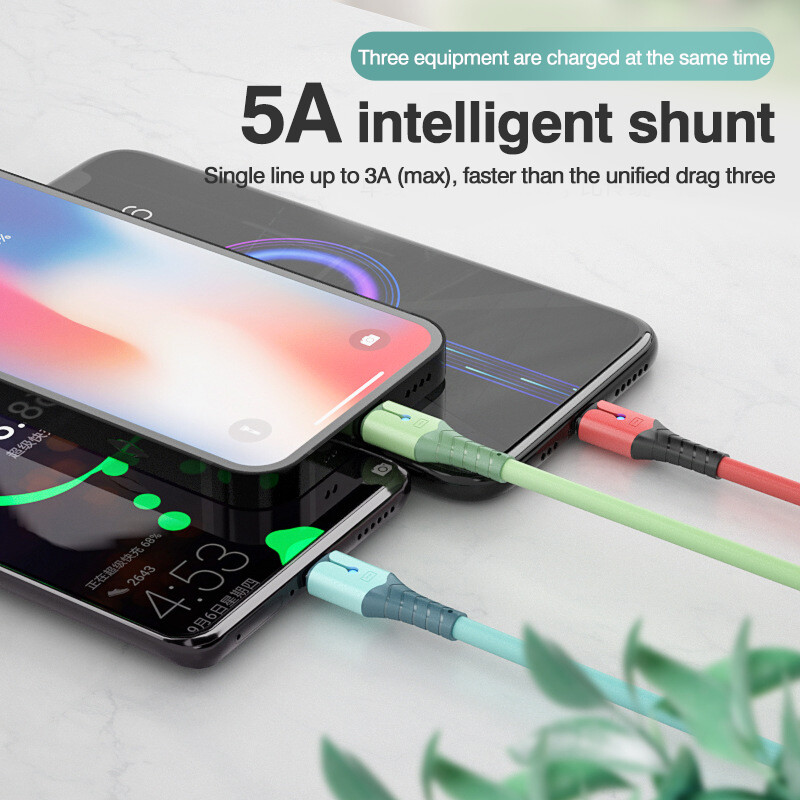 VAORLO Cáp Dữ Liệu USB Sạc Nhanh 5A 3 Trong 1 Dây Đèn LED Silicon Lỏng Có Thể Tháo Rời Bộ Sạc USB Sang Micro USB/Type-C/8 Pin Cho iPhone 13 12 Pro Huawei