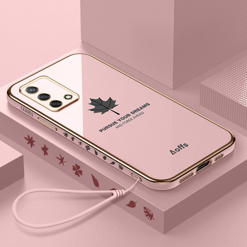 YBD Straight Edge Plating Phone case For OPPO A74 F19 casing, Precise Camera Protection case Maple leaf pattern cover with Free lanyard
