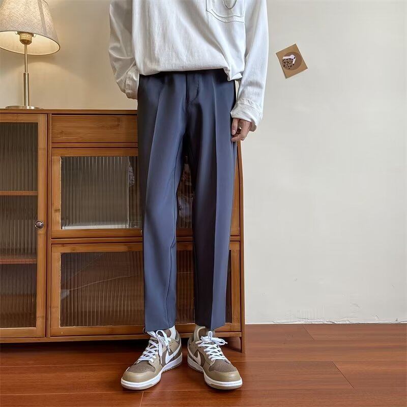 Hanlu Men's Loose Straight Drape Suit Pants Men's Straight Wide Leg Pants To Ankle Black Suit Pants